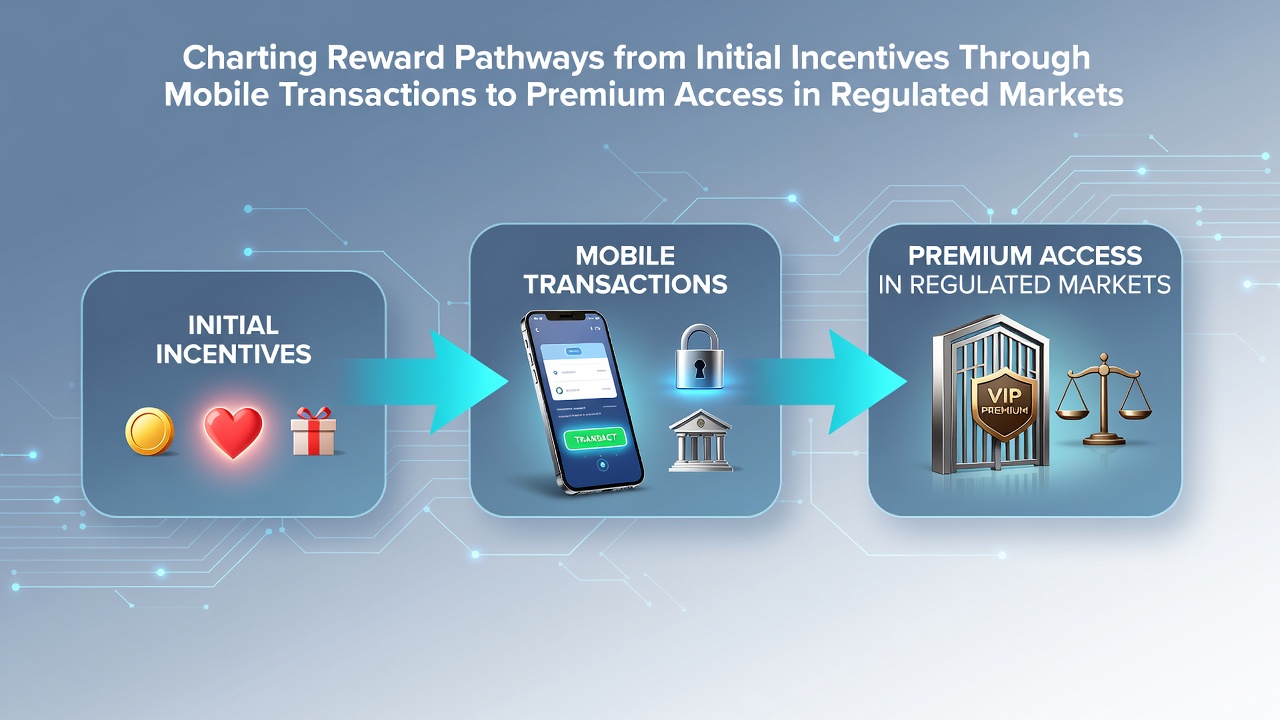 Diagram dat de beloningsroutes toont van initiële incentives via mobiele transacties naar premium toegang in gereguleerde markten