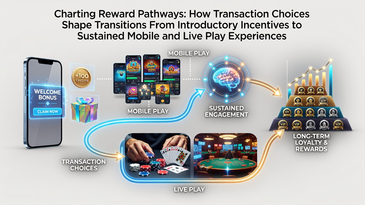 Diagram dat beloningsroutes illustreert van introductiebonussen naar mobiele en live casino ervaringen via transactiepatronen