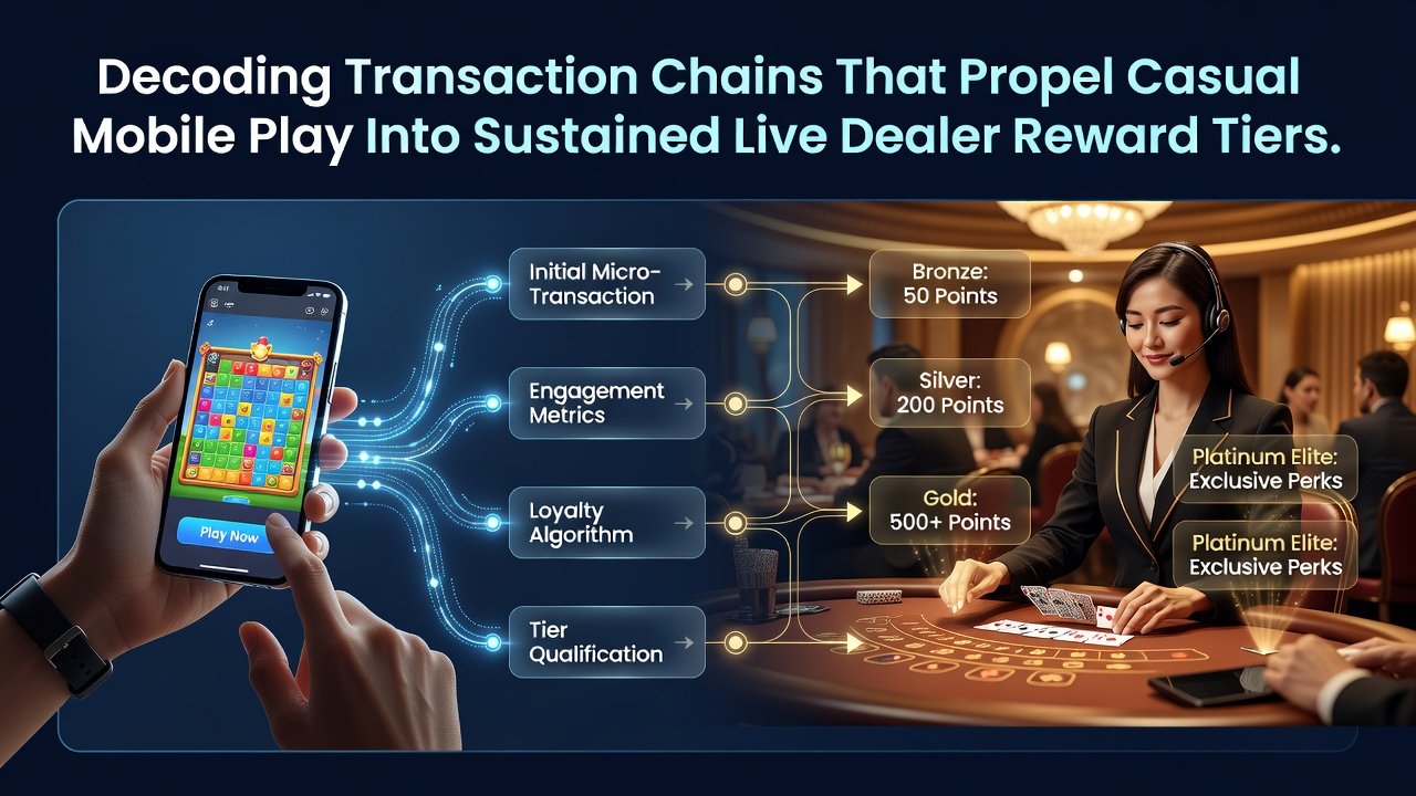 Illustratie van transactieketens die mobiel spel verbinden met live dealer beloningen
