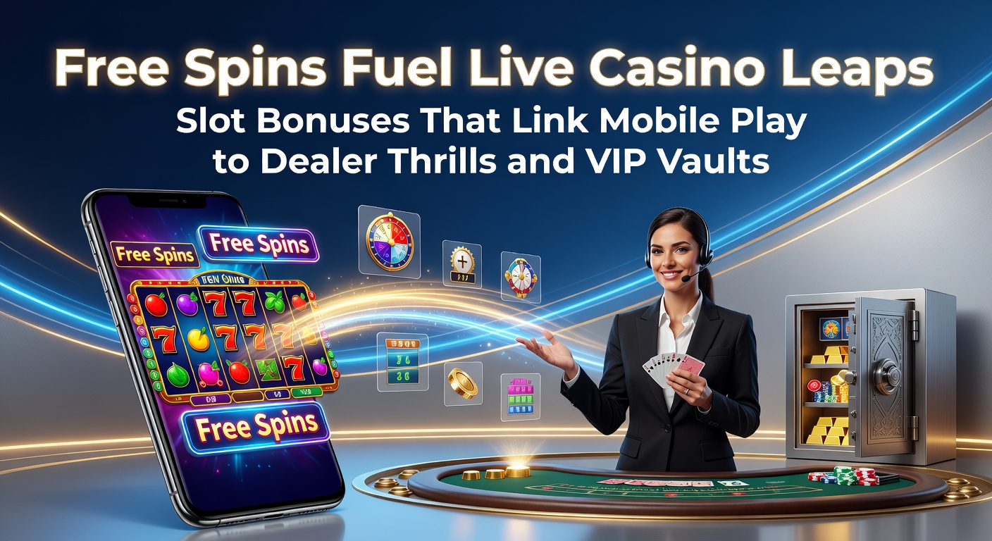 Spannende slotmachine met gratis spins die overgaat in live dealer tafels op een mobiel scherm, symboliserend de brug tussen slots en live casino actie