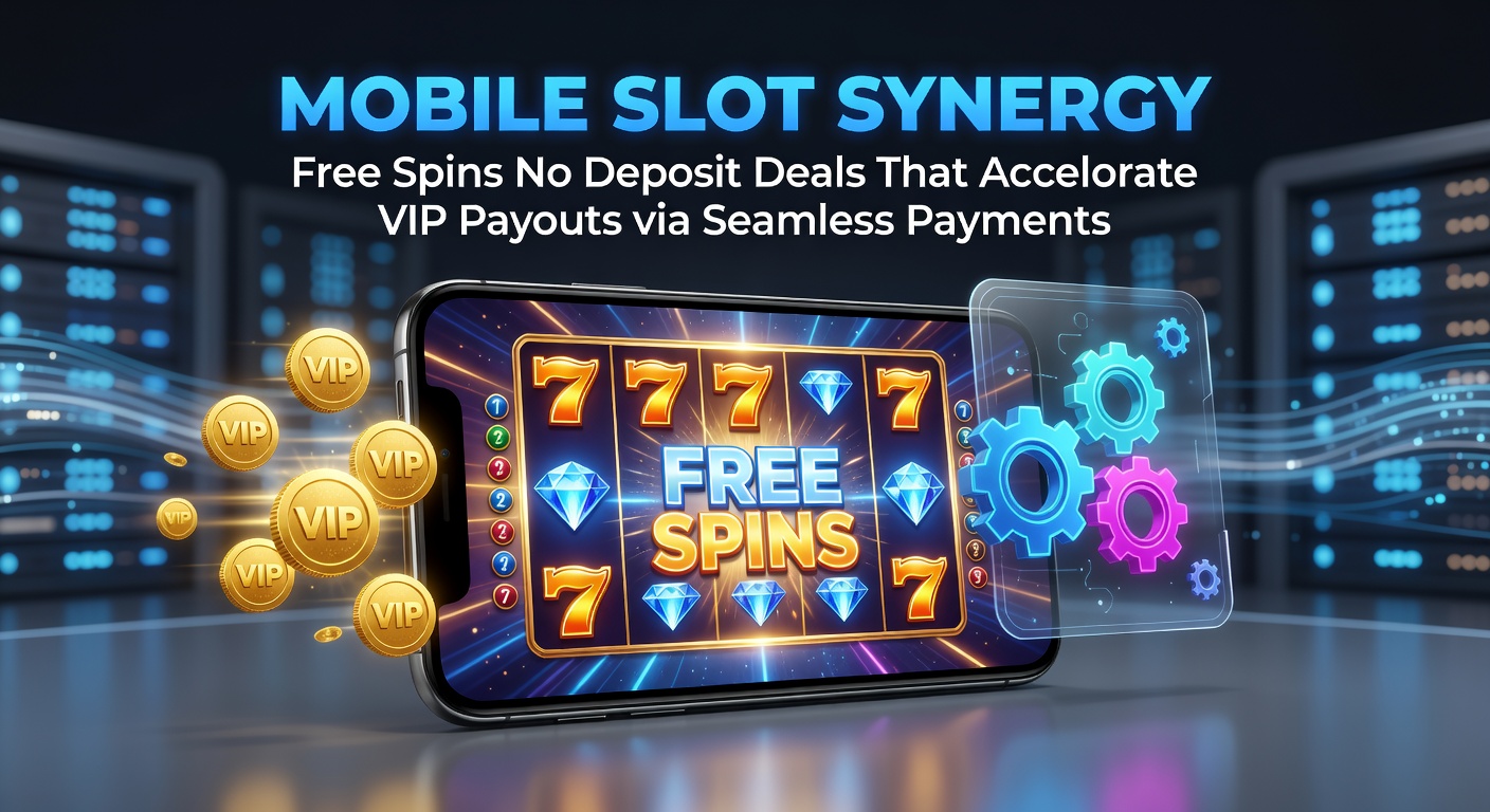 Smartphone met draaiende mobiele slots en free spins icons, symboliserend synergie tussen no deposit deals en snelle VIP-uitbetalingen