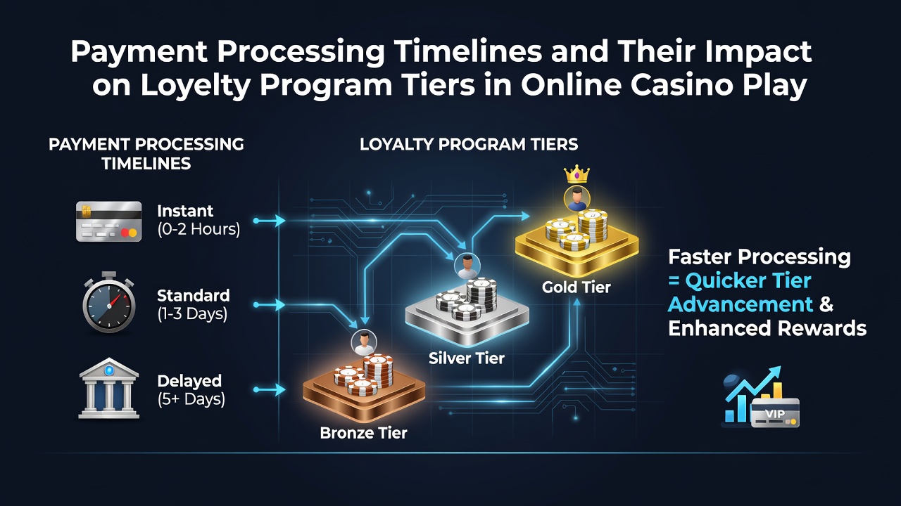 Illustratie van betalingsverwerking in online casino's met focus op tijdlijnen en loyaliteitsprogramma's