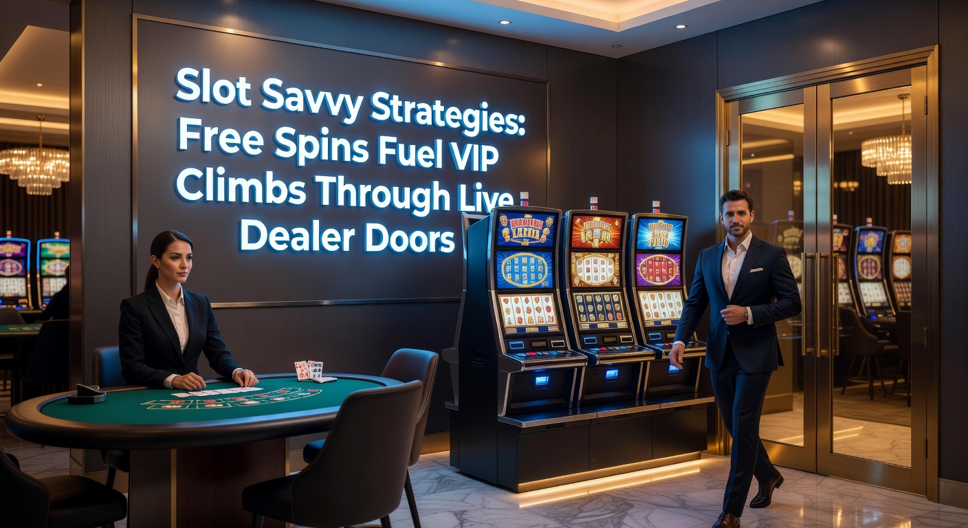 Dynamische illustratie van draaiende gokkasten met opgloeiende gratis spins die leiden naar VIP-ladders en live dealer tafels