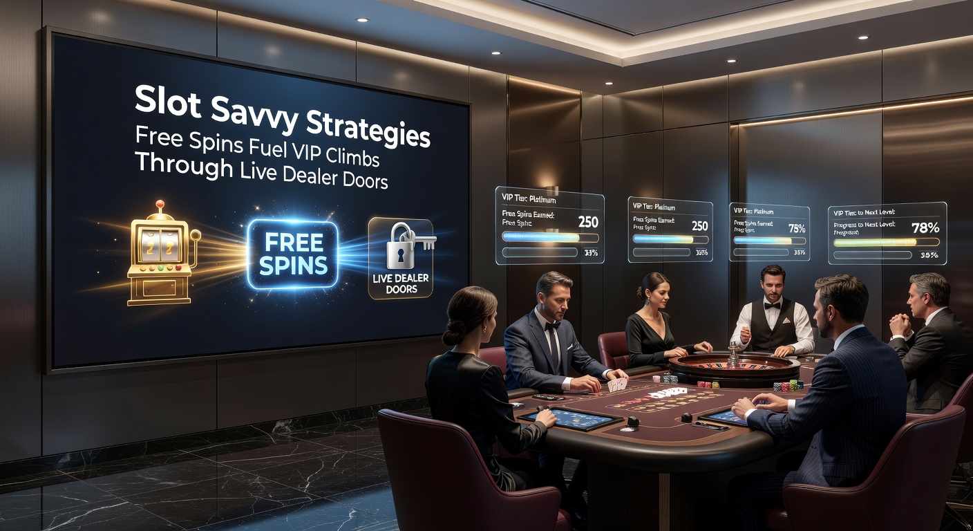Visuele weergave van een VIP-speler die van slotspins overstapt naar bruisende live dealer sessies met trofeeën en klimmende ladders
