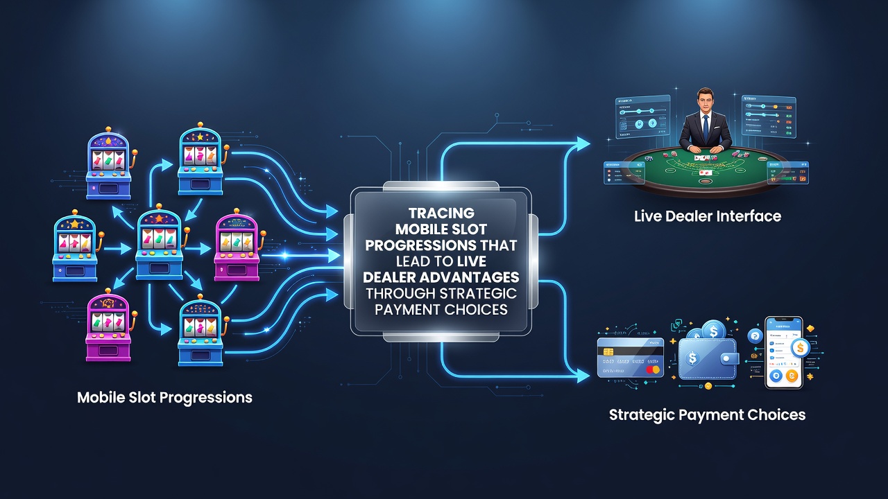 Illustratie van mobiele slotprogressies die overgaan in live dealer sessies met betalingsopties